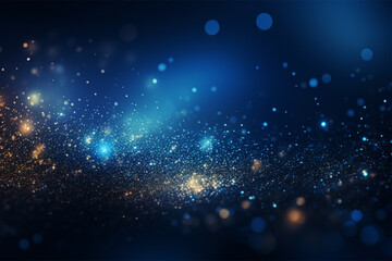 Glowing particles on dark blue background, flying glitter, technology abstract blurry banner design