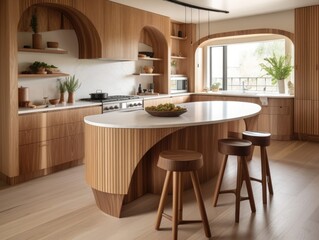 Contemporary wooden dining room and kitchen. Generative AI