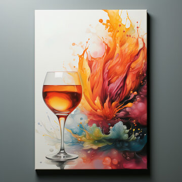 Colorful paint and sip watercolor canvas with red wine glass 