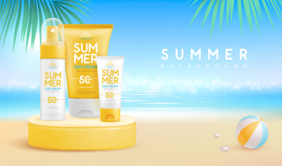 Summer beach background with 3d stage and  set of sunscreens. Colorful summer scene. Vector illustration