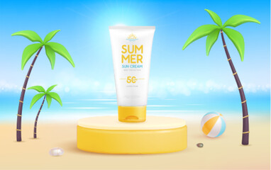 Summer beach background with 3d stage and  sunscreen cream. Colorful summer scene. Vector illustration