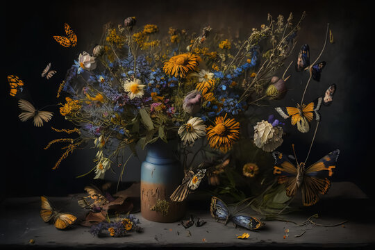 Wildflowers blue yellow, still life picture, AI generated Background