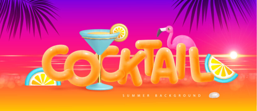 Summer beach background with 3d letters, flamingo and cocktail blue lagoon. Colorful summer scene. Vector illustration