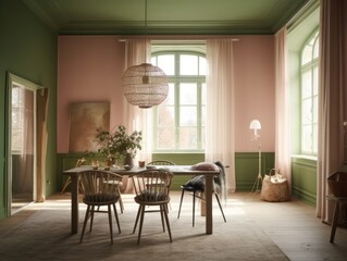 Fototapeta premium Pink and green cottage style interior room. Generative AI