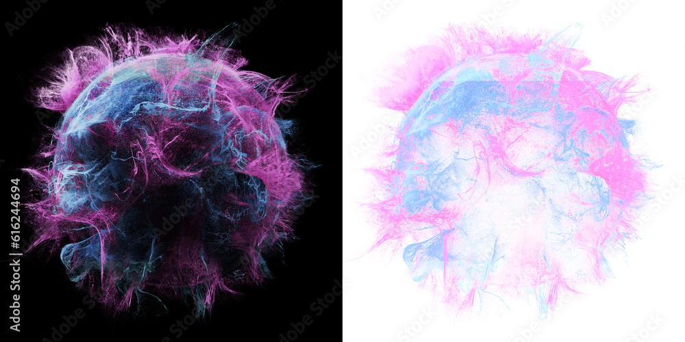 Poster dynamic particle energy burst, orb-shaped visual effect with a blue and purple particle energy burst