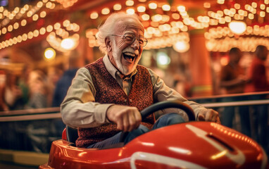 Fototapeta na wymiar A happy elderly man laughs and has fun on a bumper car