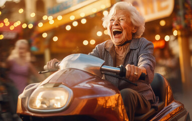 Fototapeta na wymiar A happy elderly woman laughs and has fun on a bumper car