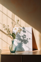 artistic frame letter invitation canvas mock up in a curated whimsical studio setting with natural light and shadows and floral artistic details - ai generative art