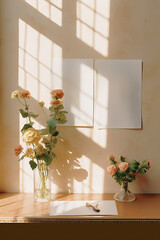 artistic frame letter invitation canvas mock up in a curated whimsical studio setting with natural light and shadows and floral artistic details - ai generative art