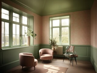 Pink and green cottage style interior room. Generative AI