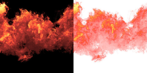 Fiery Smoke Cloud, intense burst of red and orange fiery smoke forming a vibrant and dynamic cloud-like particle effect on a black and transparent background. layer overlay, add, screen blend mode.