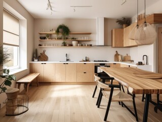 Contemporary wooden dining room and kitchen. Generative AI