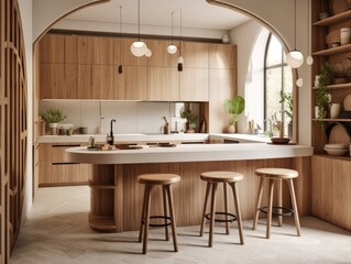 Contemporary wooden dining room and kitchen. Generative AI