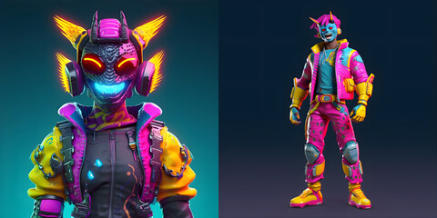 3D cartoon metaverse set. Character in vibrant neon colors, a cyberpunk vibe. Front view. Charm and a touch of futuristic flair. Generative ai.