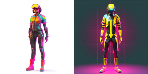 3D cartoon metaverse set. Character in vibrant neon colors, a cyberpunk vibe. Front view. Charm and a touch of futuristic flair. Generative ai.
