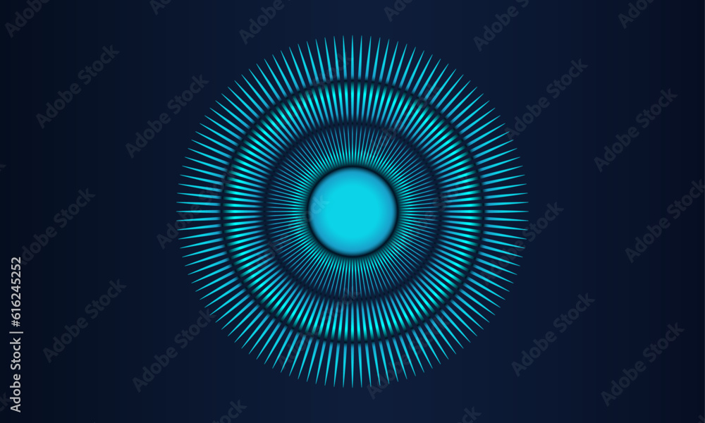 Poster Abstract vector explosion lines equalizer pattern circle shape in blue green color isolated on black background in concept of digital music, artificial intelligence, technology, science