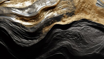 Abstract background with gold and black clay waves and stones. Generative AI