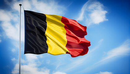 The Belgium Flag waving proudly in the wind, surrounded by a clear blue sky and fluffy white clouds, evoking a sense of national pride and unity - obrazy, fototapety, plakaty