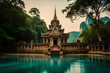 Fototapeta na wymiar Ancient Ta Promh temple in the jungle, background AI generated illustration.