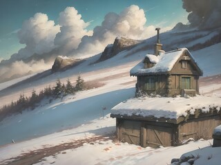 Snowy House in the Mountains
