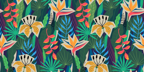 Abstract collage seamless pattern of tropical jungle leaves and flowers. Bright colourful vector design.