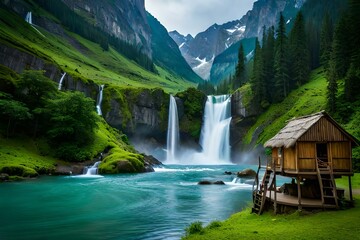  serene mountain beside a mesmerizing waterfall that sparkles with a kaleidoscope of colors. 