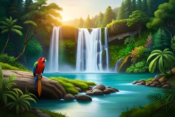  serene mountain beside a mesmerizing waterfall that sparkles with a kaleidoscope of colors. 