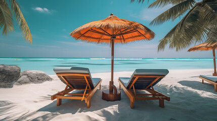 Fototapeta na wymiar lounge chairs on the beach. sunbath by a tropical sun under the palm trees and umbrellas