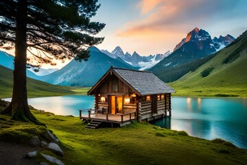  serene mountain beside a mesmerizing waterfall that sparkles with a kaleidoscope of colors. 