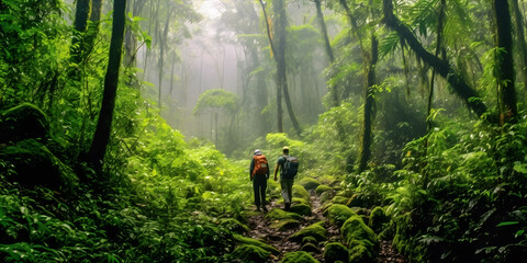 Trekking through a Dense Rainforest, with towering trees and a chorus of exotic wildlife