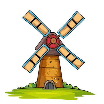 recommend clip art: Cartoon wind mill vector illustration, wind mill turbine , post mill , wind charger , rotating wheel vector image, colored and black and white line art stock vector