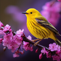 Bird Photography Beautiful Purple Warbler on Yell, Generative AI