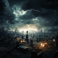Cemetery spooky scenery lightning storm