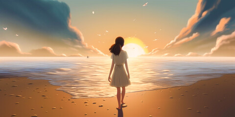 Illustration Cinematic scene 11-year-old girl with long dark hair and in a white dress goes to the...