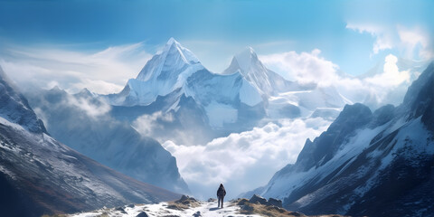 Trekking through a Snowy Mountain Range, enveloped in mist, under a clear blue sky