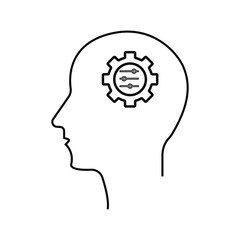 Black isolated outline icon of head of man and cogwheel on white background. Line icon of head and gear wheel.