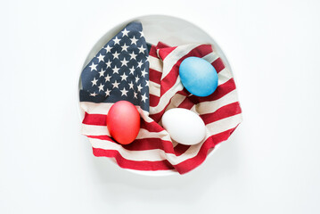 Red, White and Blue Eggs in Bowl with American Flag