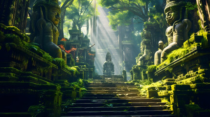 Exploring an Ancient Temple, bathed in golden light, amidst lush greenery,