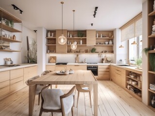 Fototapeta na wymiar Contemporary wooden dining room and kitchen. Generative AI