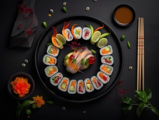 Top view of delicious sushi rolls on black table, Japanese food. Generative AI