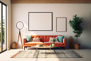 artistic frame canvas mock up in a curated whimsical studio living room setting with natural light and shadows - ai generative art	