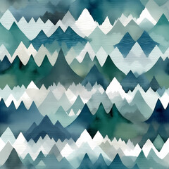 Seamless pattern green blue mountains fading into fog. High quality illustration. Gorgeous abstract mountain range print for surface design.