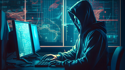 hacker in front of his computer committing digital cybercrime,