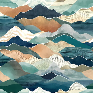 Seamless pattern green blue mountains fading into fog. High quality illustration. Gorgeous abstract mountain range print for surface design.