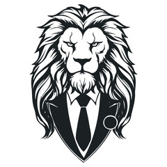Lion in a business suit. Black and white vector illustration