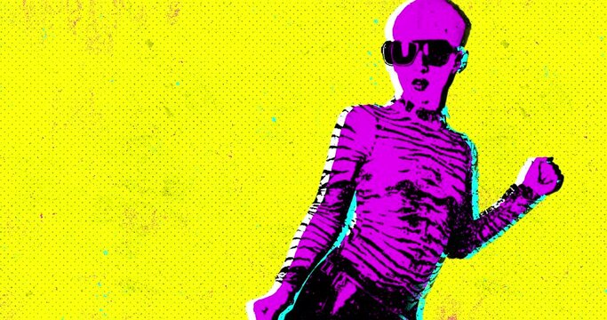 Motion design fun animation. Art collage, magazine style. Suitable for use in vj and misic videos. Girl dancing with an aggressive grunge effect
