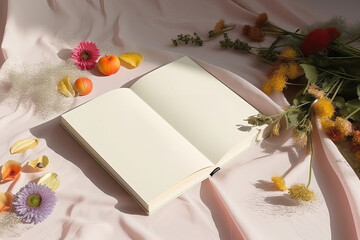 artistic open empty book mock up in a curated whimsical studio setting with natural light and shadows in an artsy floral vintage setting - ai generative art