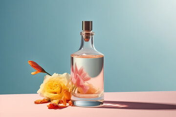 clear gin wine bottle mock up in a curated whimsical studio setting with natural light and shadows and botanical flower elements - ai generative art