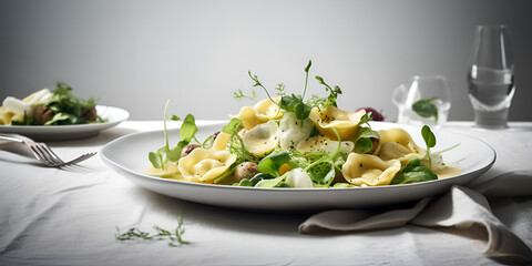 Italian ravioli pasta on a plate. Italian food. AI generated