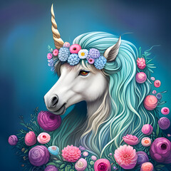 Illustration of a unicorn with blue hair created with AI generator